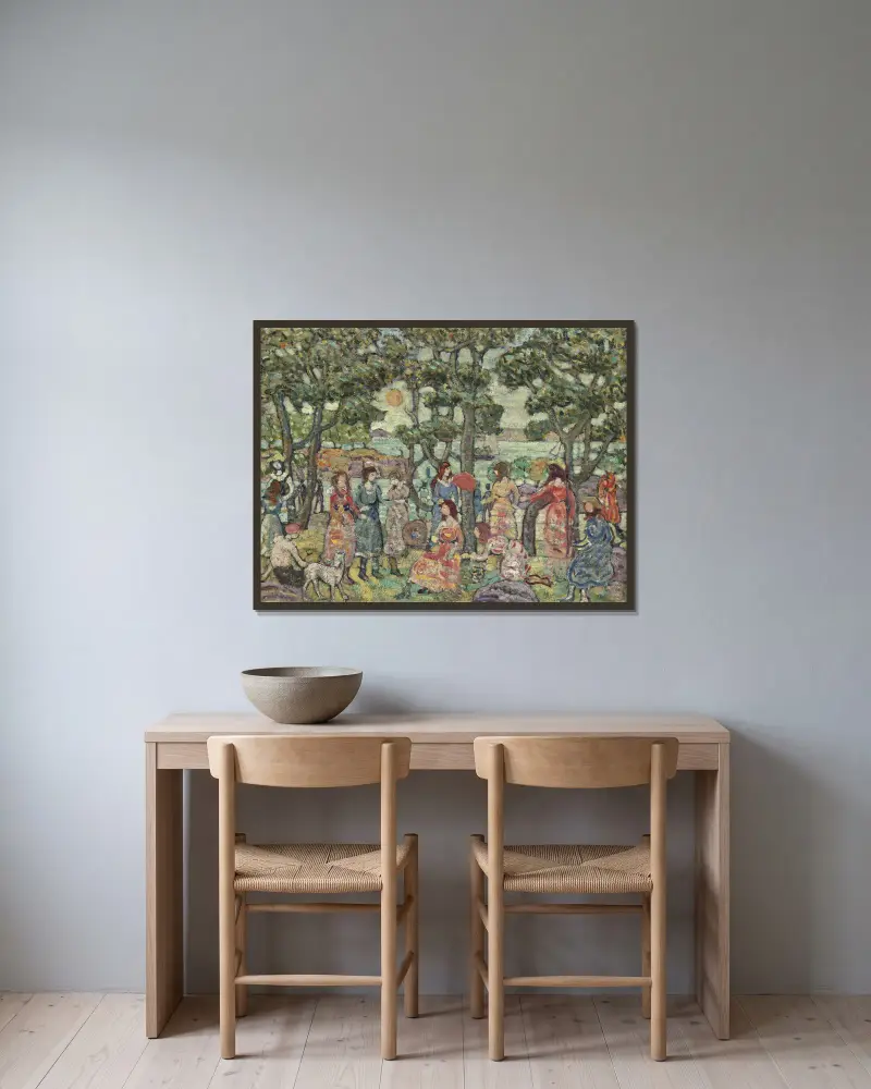 Landscape with Figures av Maurice Prendergast inramad på en vägg