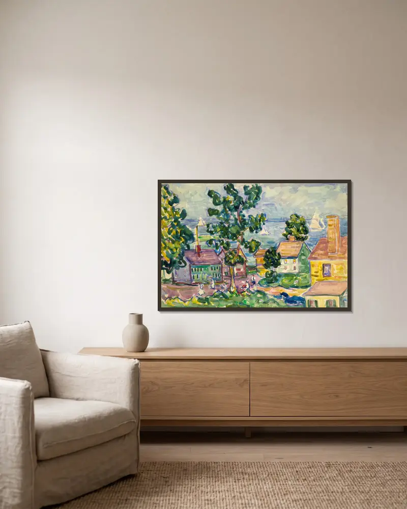 Kustby i New England av Maurice Prendergast inramad på en vägg