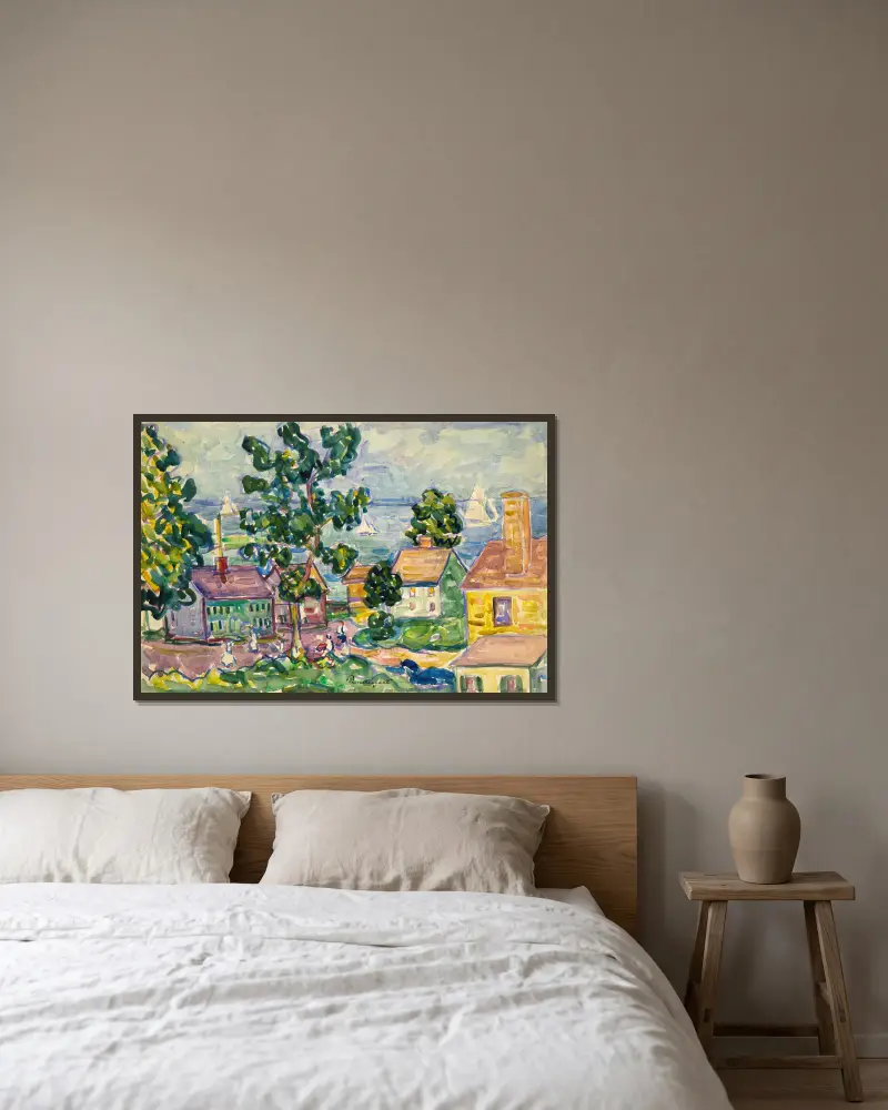Kustby i New England av Maurice Prendergast inramad på en vägg