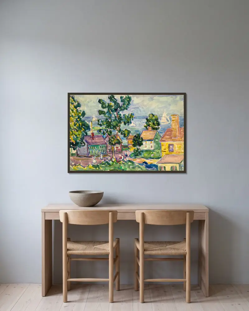 Kustby i New England av Maurice Prendergast inramad på en vägg