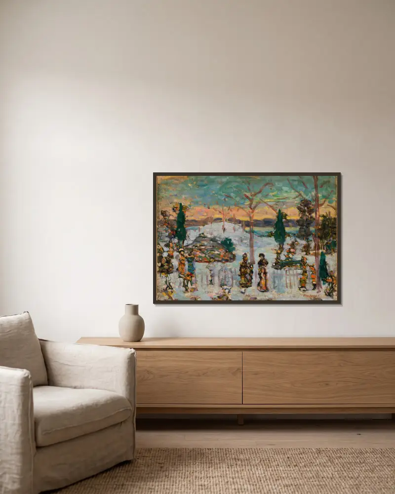 Schnee im April von Maurice Prendergast gerahmt an einer Wand