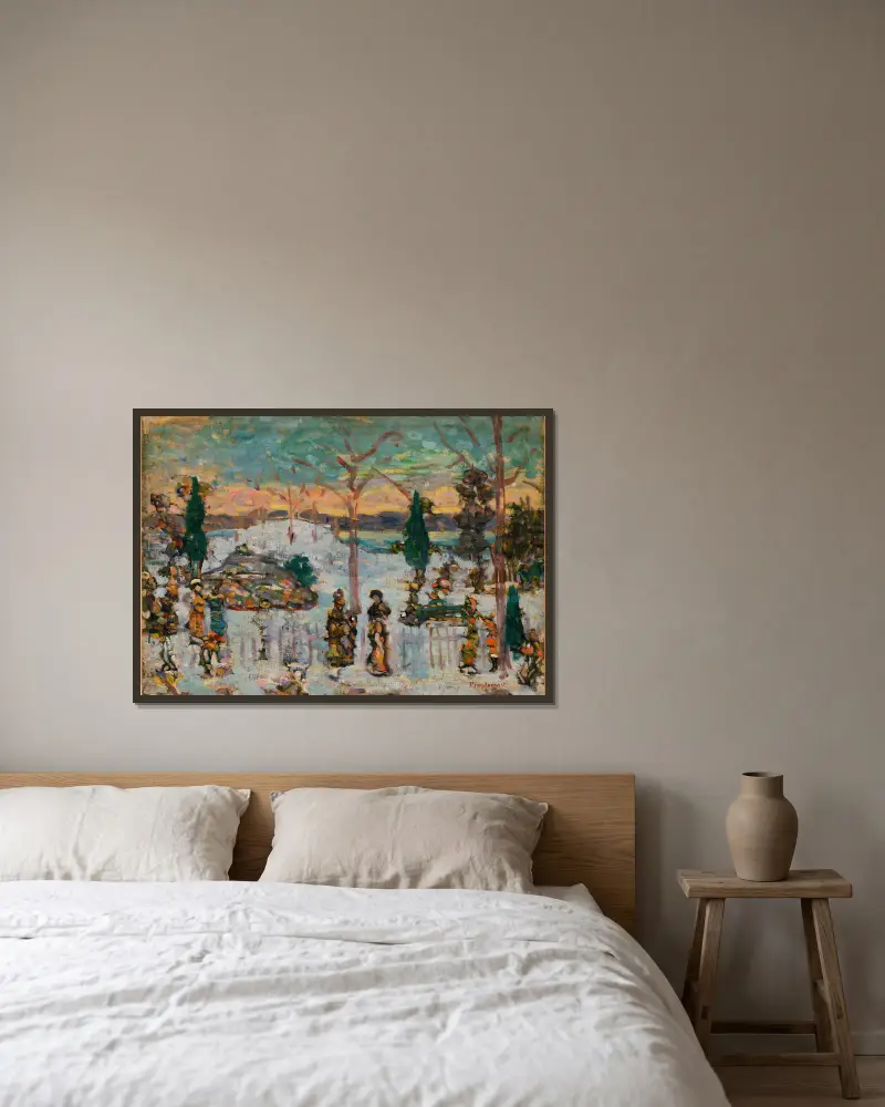Schnee im April von Maurice Prendergast gerahmt an einer Wand