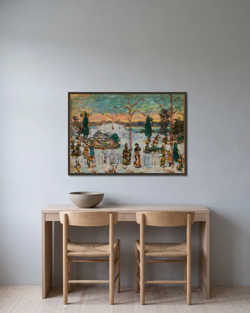 Schnee im April von Maurice Prendergast gerahmt an einer Wand
