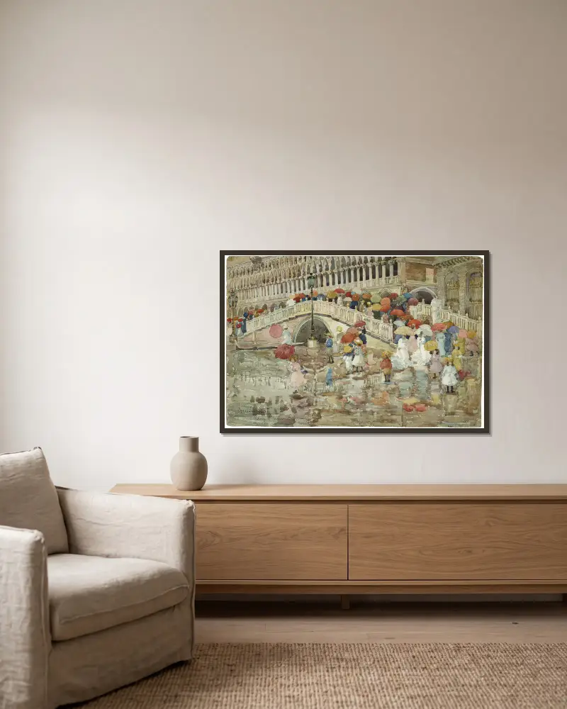 Regenschirme im Regen von Maurice Prendergast gerahmt an einer Wand