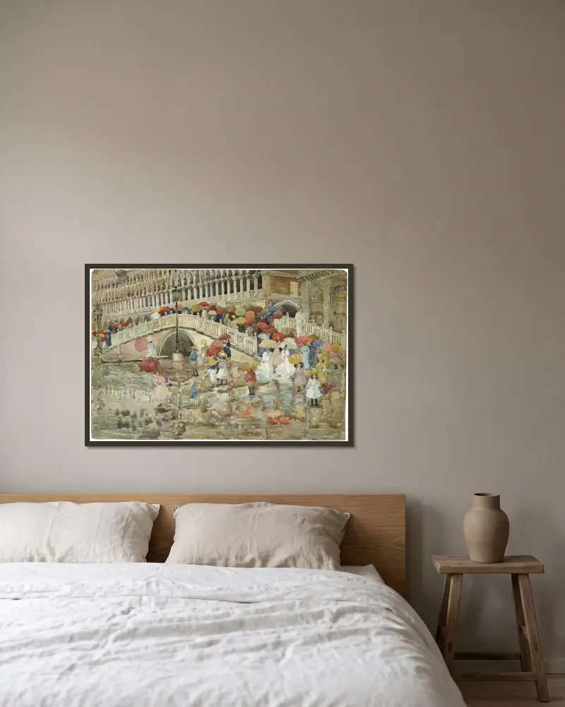 Regenschirme im Regen von Maurice Prendergast gerahmt an einer Wand