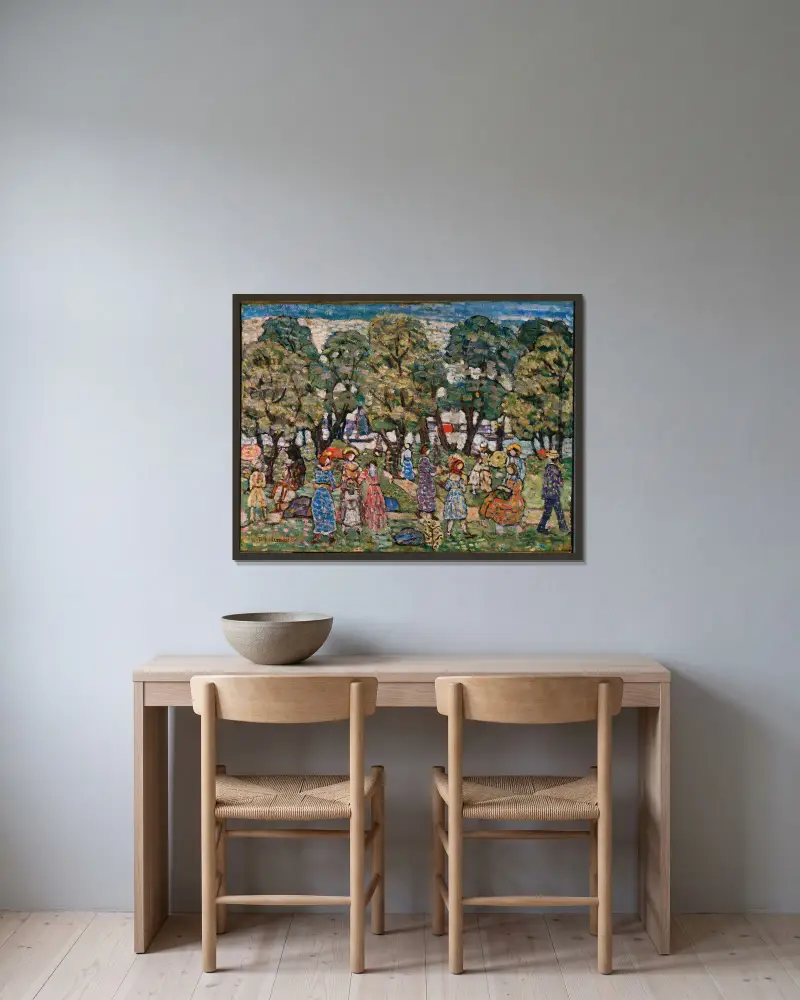 Under the Trees av Maurice Prendergast inramad på en vägg