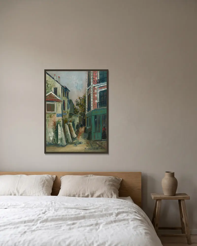 Belle Gabrielle och Rue Saint-Vincent i Montmartre av Maurice Utrillo inramad på en vägg