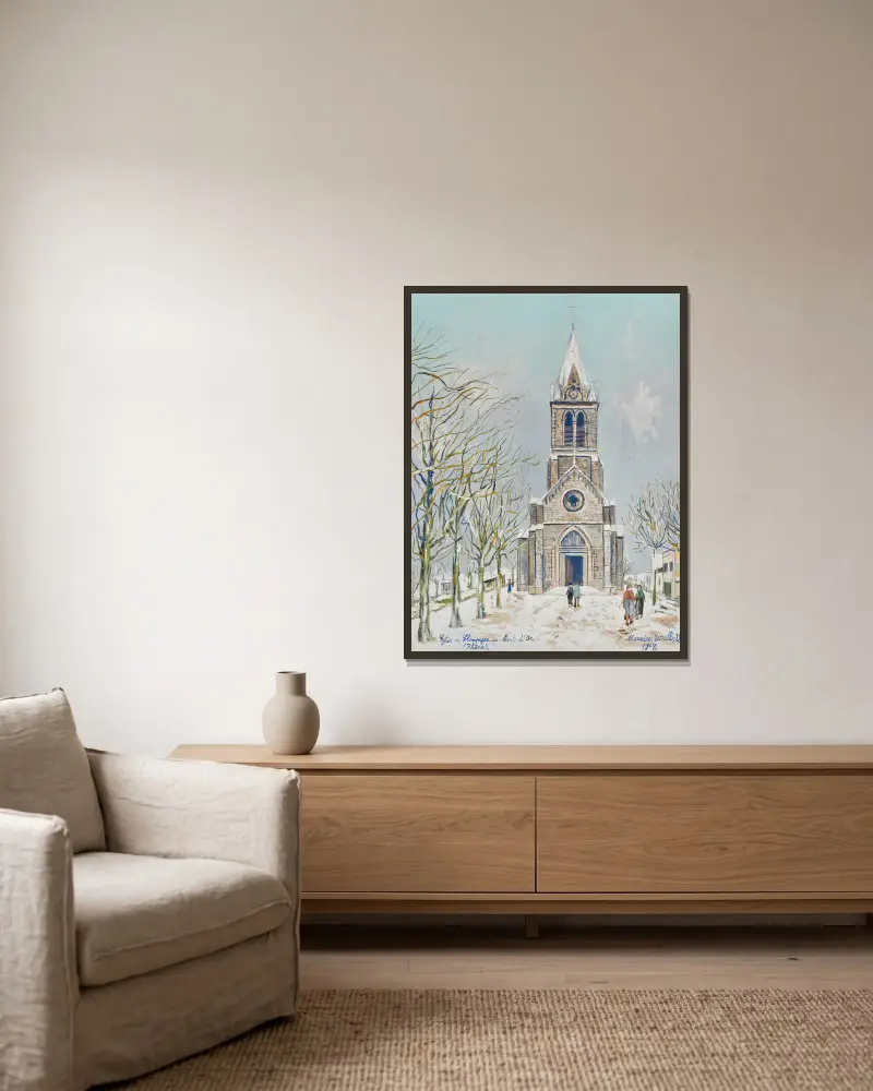 Kyrkan i Champagne-au-Mont-d’Or (Rhône) av Maurice Utrillo inramad på en vägg
