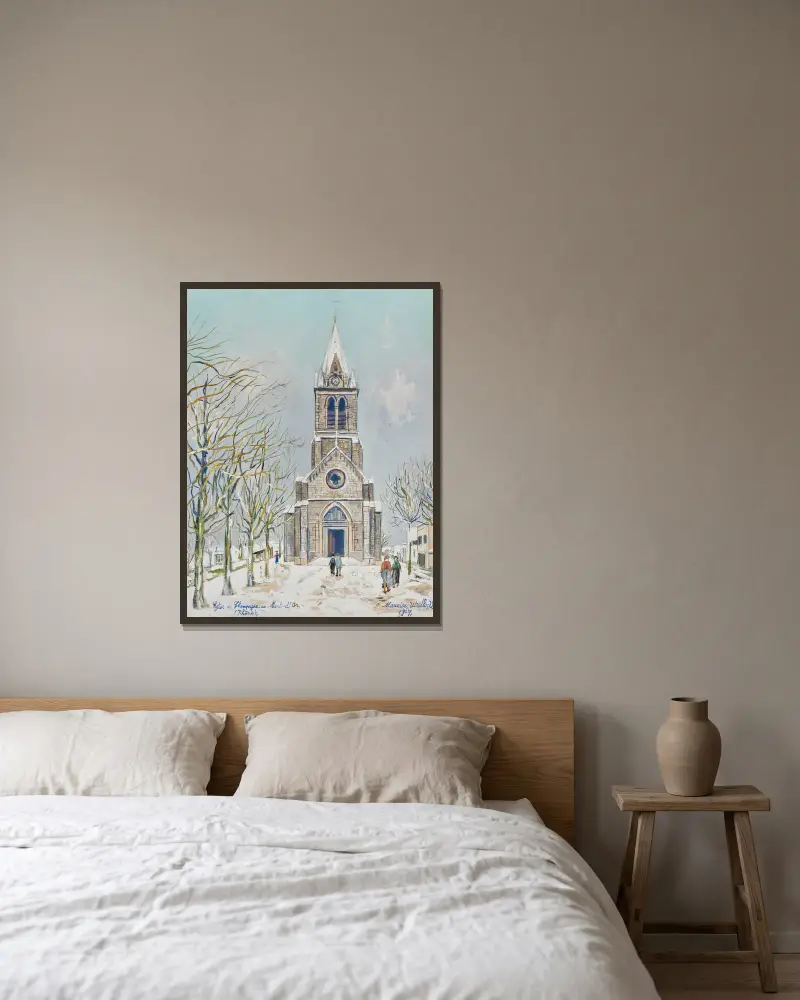 Kyrkan i Champagne-au-Mont-d’Or (Rhône) av Maurice Utrillo inramad på en vägg