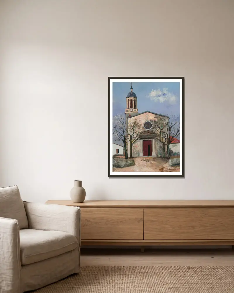 Kirche Saint-André in Irigny (Rhône) von Maurice Utrillo gerahmt an einer Wand