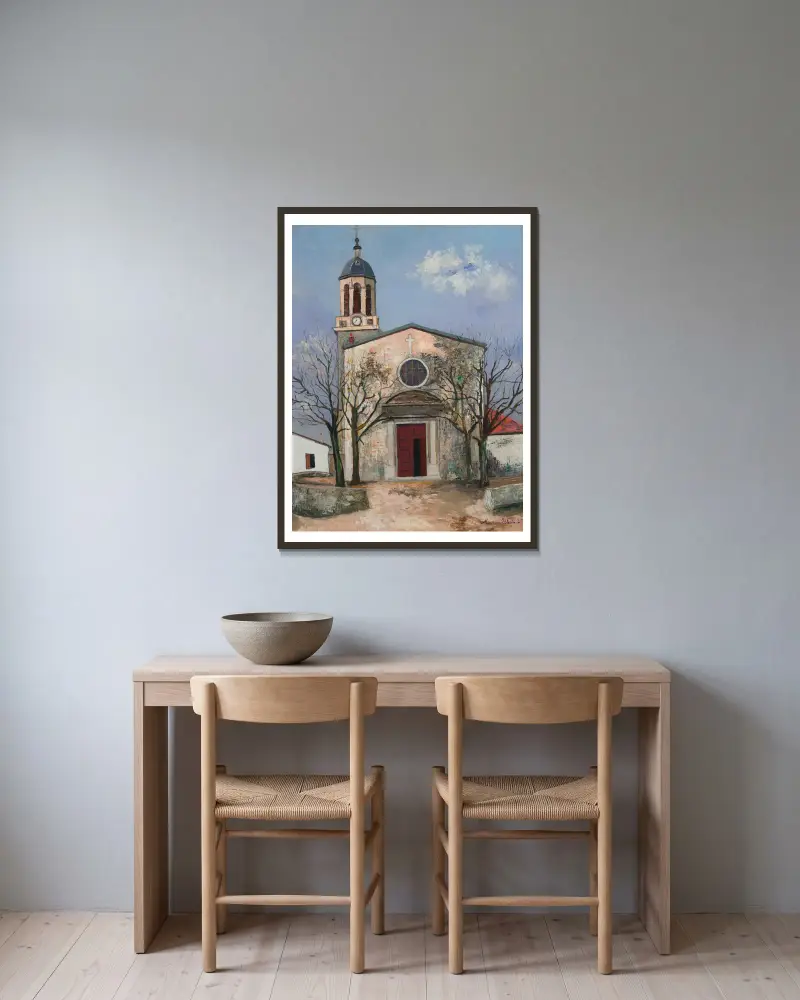 Kirche Saint-André in Irigny (Rhône) von Maurice Utrillo gerahmt an einer Wand
