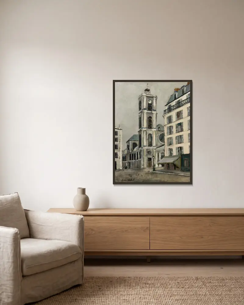 Kyrkan Saint-Jacques-du-Haut-Pas av Maurice Utrillo inramad på en vägg