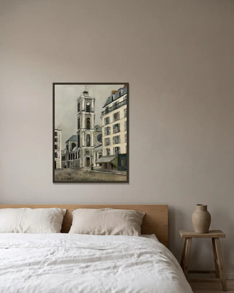 Kyrkan Saint-Jacques-du-Haut-Pas av Maurice Utrillo inramad på en vägg