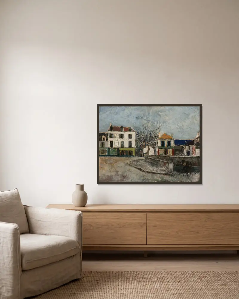 Torget vid bron i Sarcelles (Val-d’Oise) av Maurice Utrillo inramad på en vägg