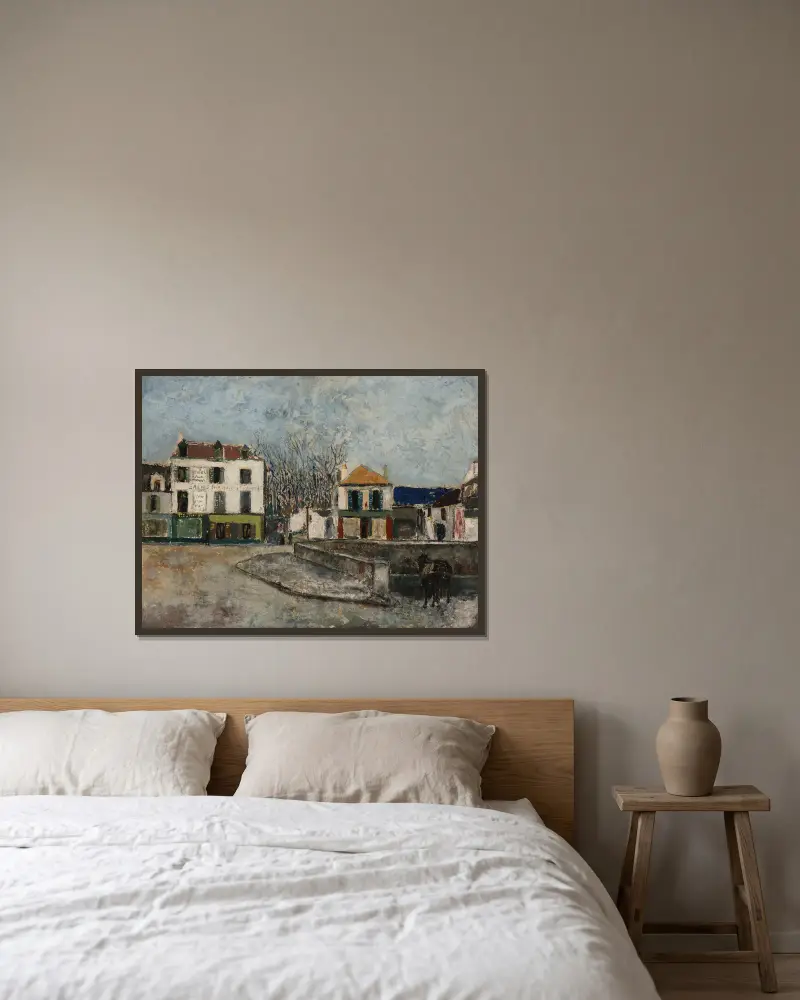 Torget vid bron i Sarcelles (Val-d’Oise) av Maurice Utrillo inramad på en vägg