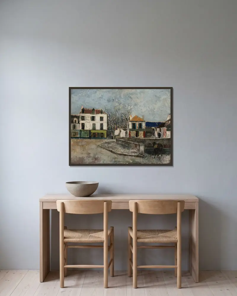 Torget vid bron i Sarcelles (Val-d’Oise) av Maurice Utrillo inramad på en vägg