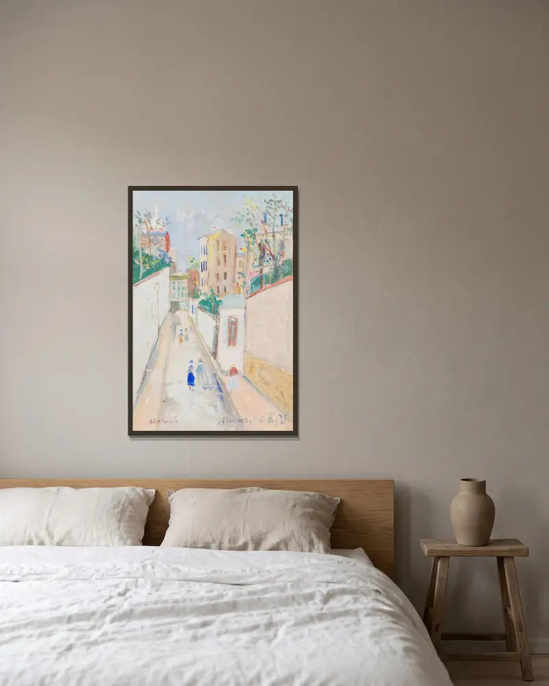 Montmartre, Rue Norvins av Maurice Utrillo inramad på en vägg