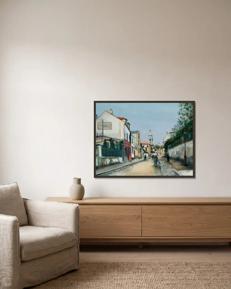 Die Straße Rue de l’Abreuvoir in Montmartre von Maurice Utrillo gerahmt an einer Wand