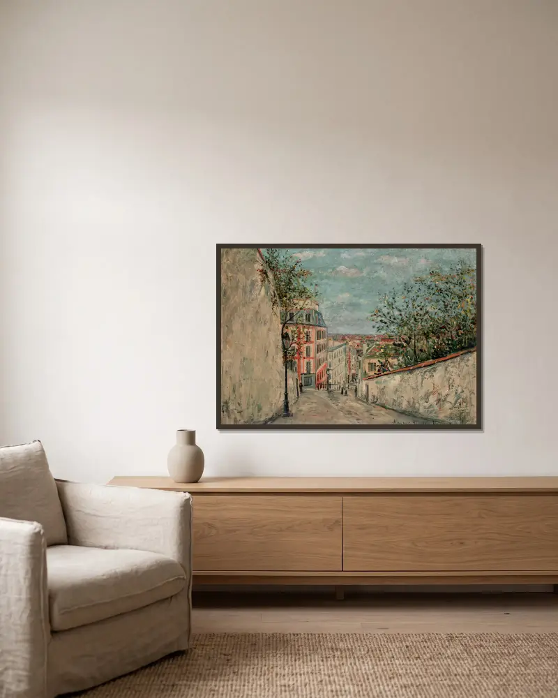Rue du Mont Cenis i Montmartre av Maurice Utrillo inramad på en vägg