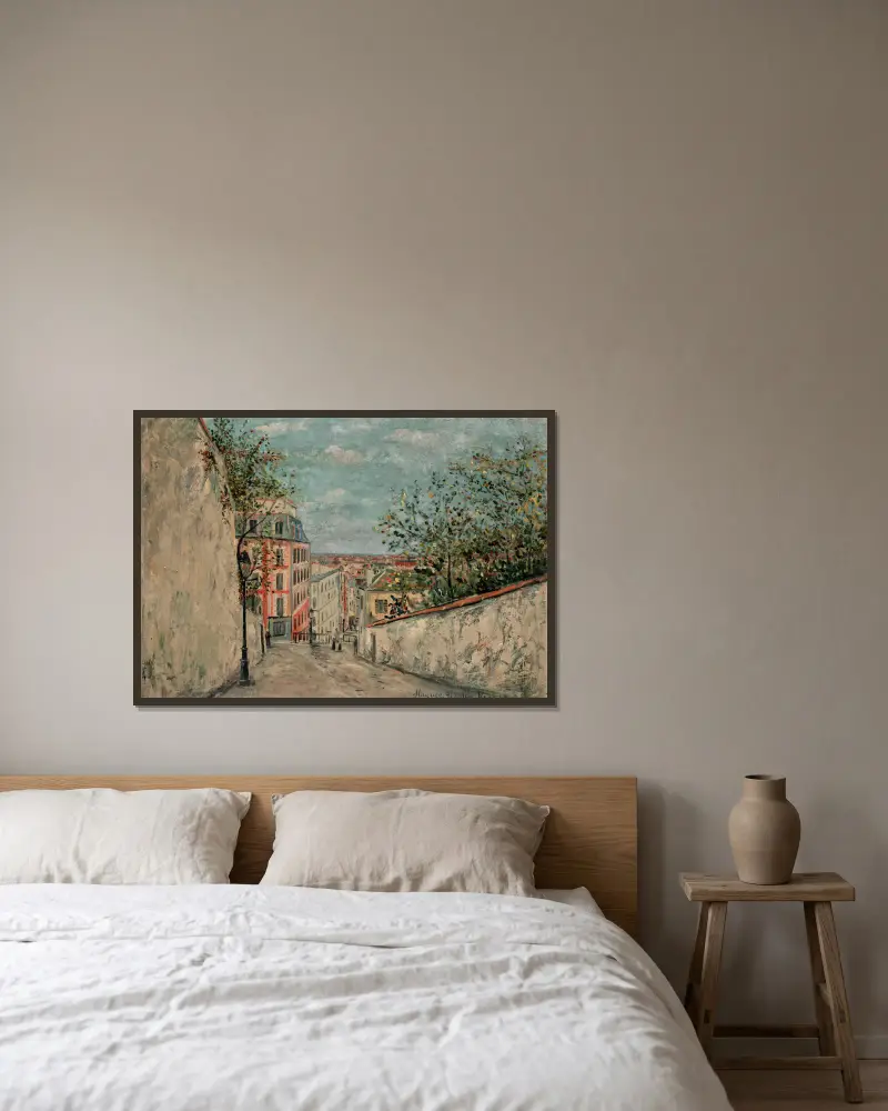 Rue du Mont Cenis i Montmartre av Maurice Utrillo inramad på en vägg