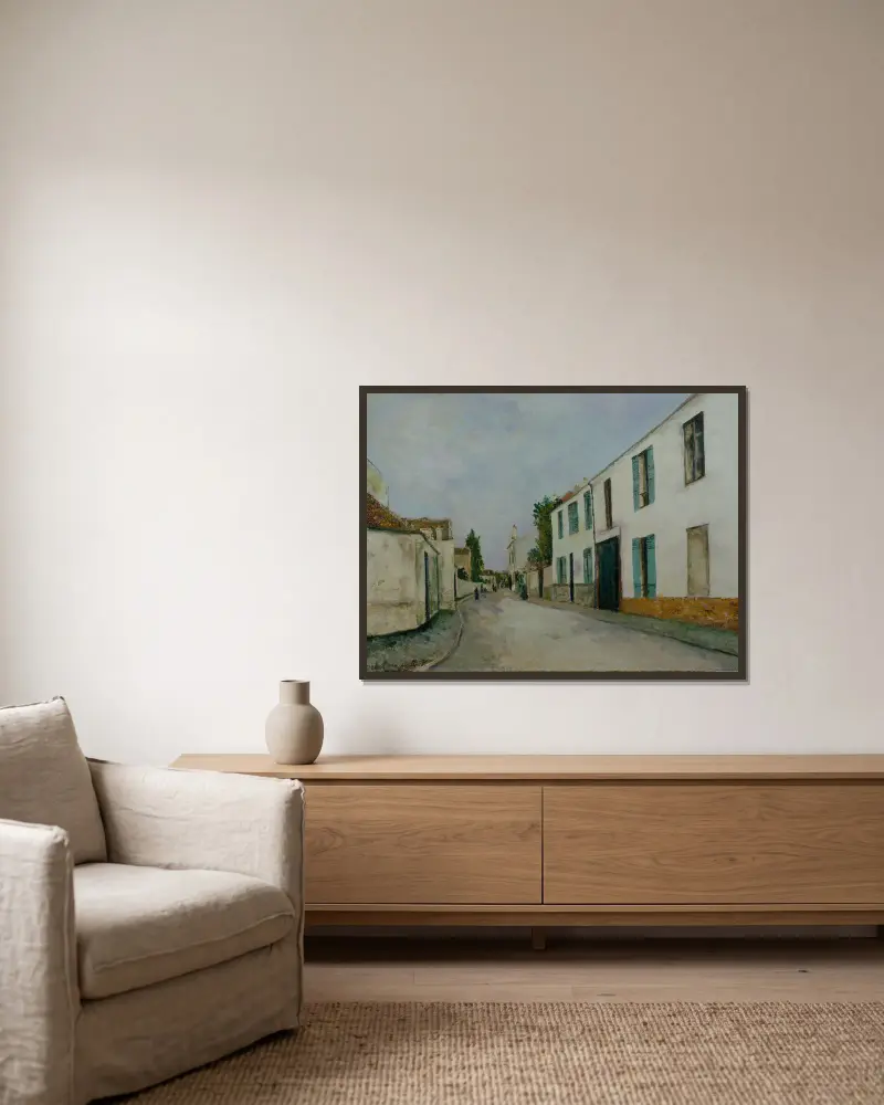 Uliční scéna (Rue de village), Maurice Utrillo v rámu na stěně