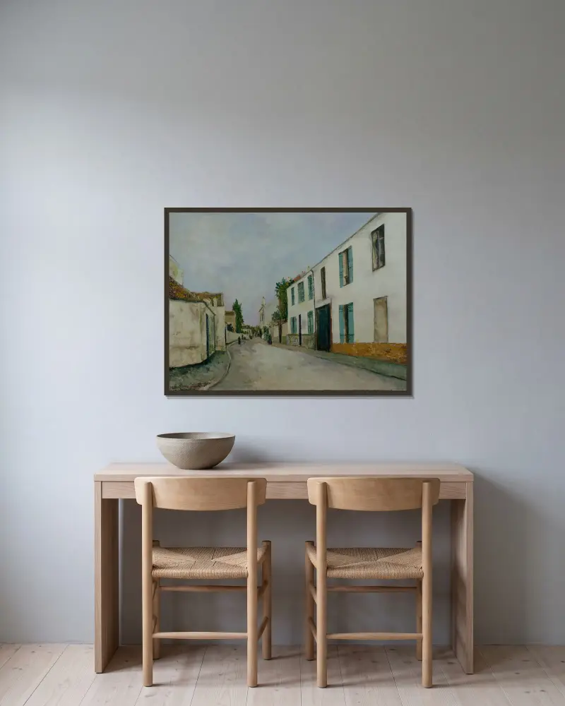 Uliční scéna (Rue de village), Maurice Utrillo v rámu na stěně