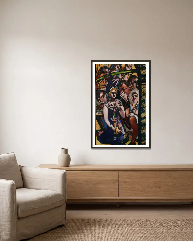 Blind Man’s Buff – Left side of the triptych av Max Beckmann inramad på en vägg
