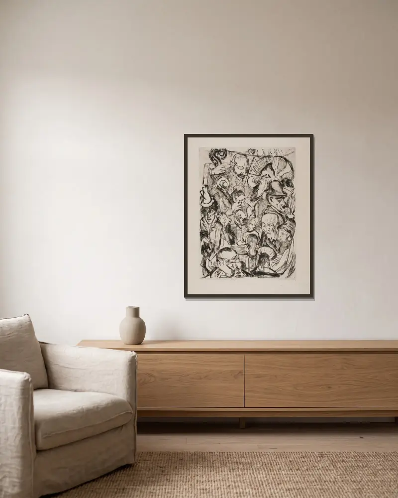 Café Music, Blatt 9 aus der Mappe „Faces“ von Max Beckmann gerahmt an einer Wand