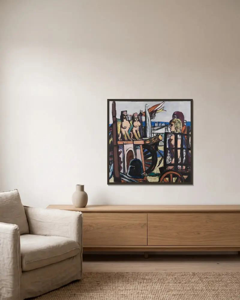Der Abtransport der Sphinxe von Max Beckmann gerahmt an einer Wand