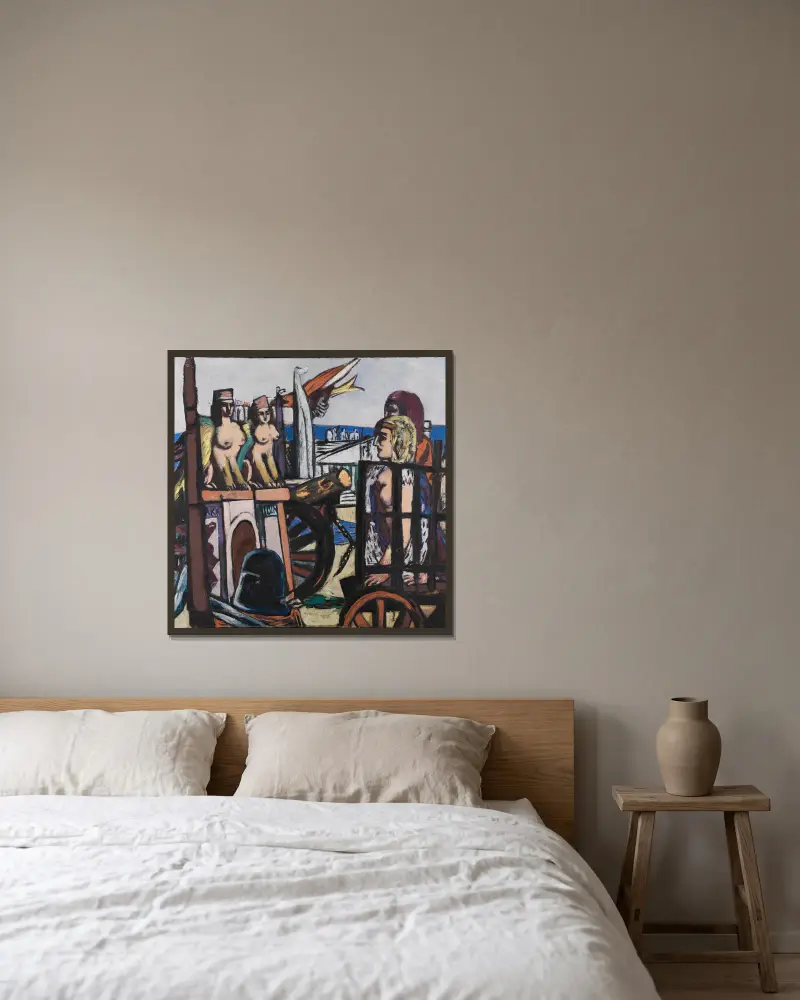 Der Abtransport der Sphinxe von Max Beckmann gerahmt an einer Wand