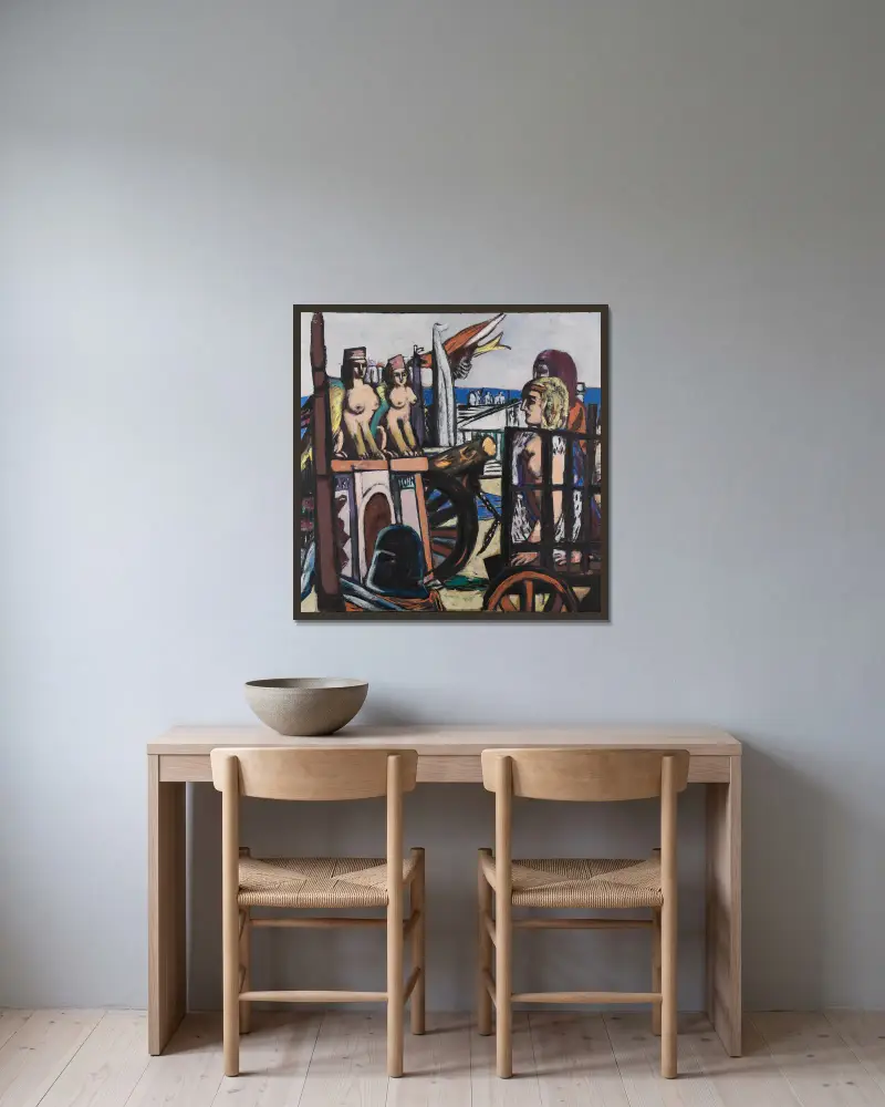 Der Abtransport der Sphinxe von Max Beckmann gerahmt an einer Wand