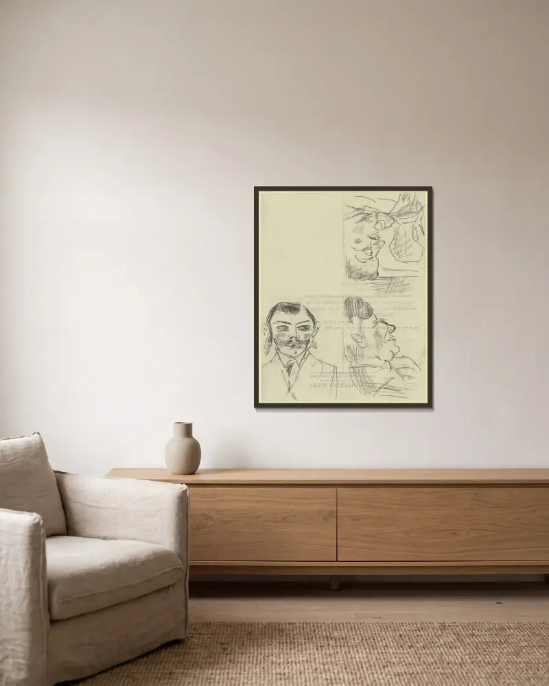 Tři kresby mužských hlav, Max Beckmann v rámu na stěně