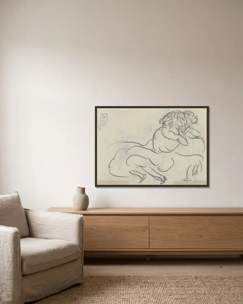 Fridel Battenberg auf dem Sofa sitzend (Karikatur) av Max Beckmann inramad på en vägg