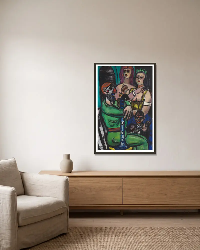 Stor clown med kvinnor och liten clown av Max Beckmann inramad på en vägg