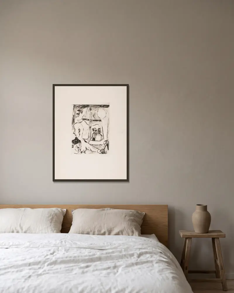 Illustration zu Kapitel 3 aus der Mappe „Die Herzogin“ von Max Beckmann gerahmt an einer Wand