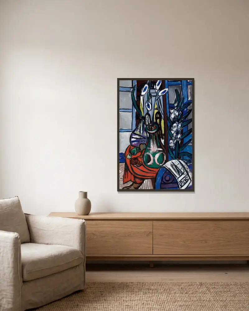 Large Still Life Interior (Blue) av Max Beckmann inramad på en vägg