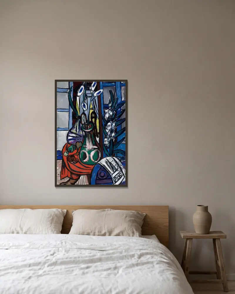 Large Still Life Interior (Blue) av Max Beckmann inramad på en vägg