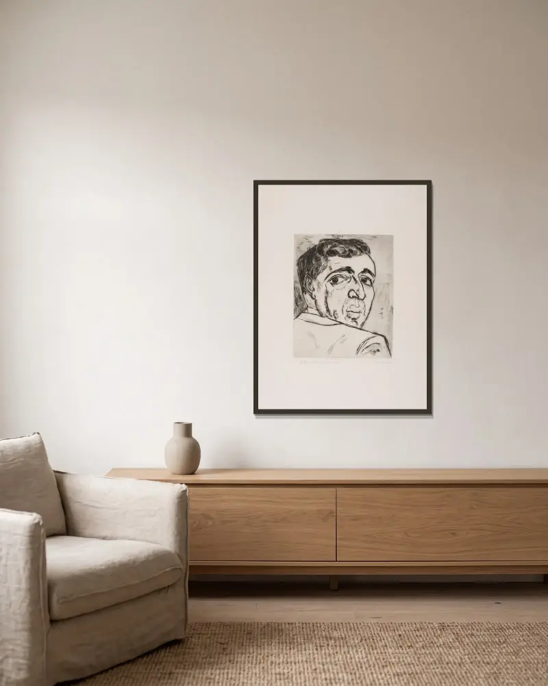 Porträtt av I. B. Neumann av Max Beckmann inramad på en vägg