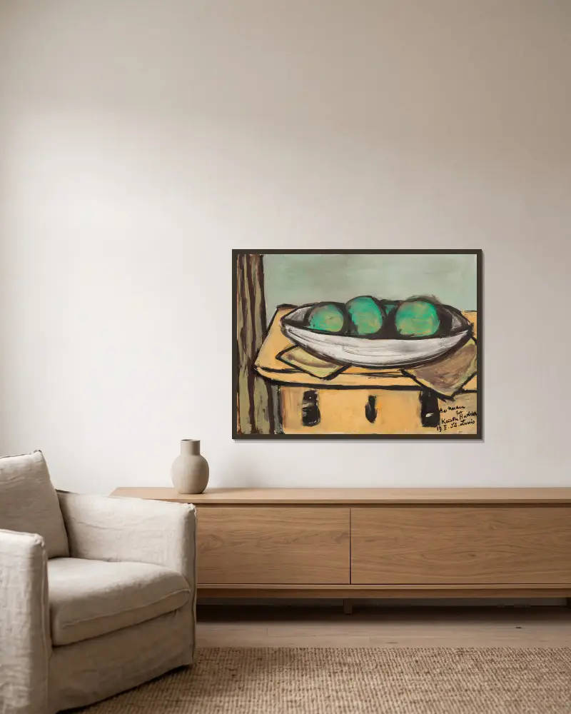 Still Life with Large Green Fruit av Max Beckmann inramad på en vägg