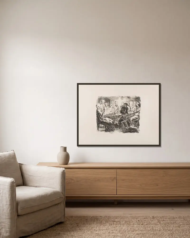 Das Abendmahl, Blatt 5 aus der Mappe „Sechs Lithographien zum Neuen Testament“ von Max Beckmann gerahmt an einer Wand
