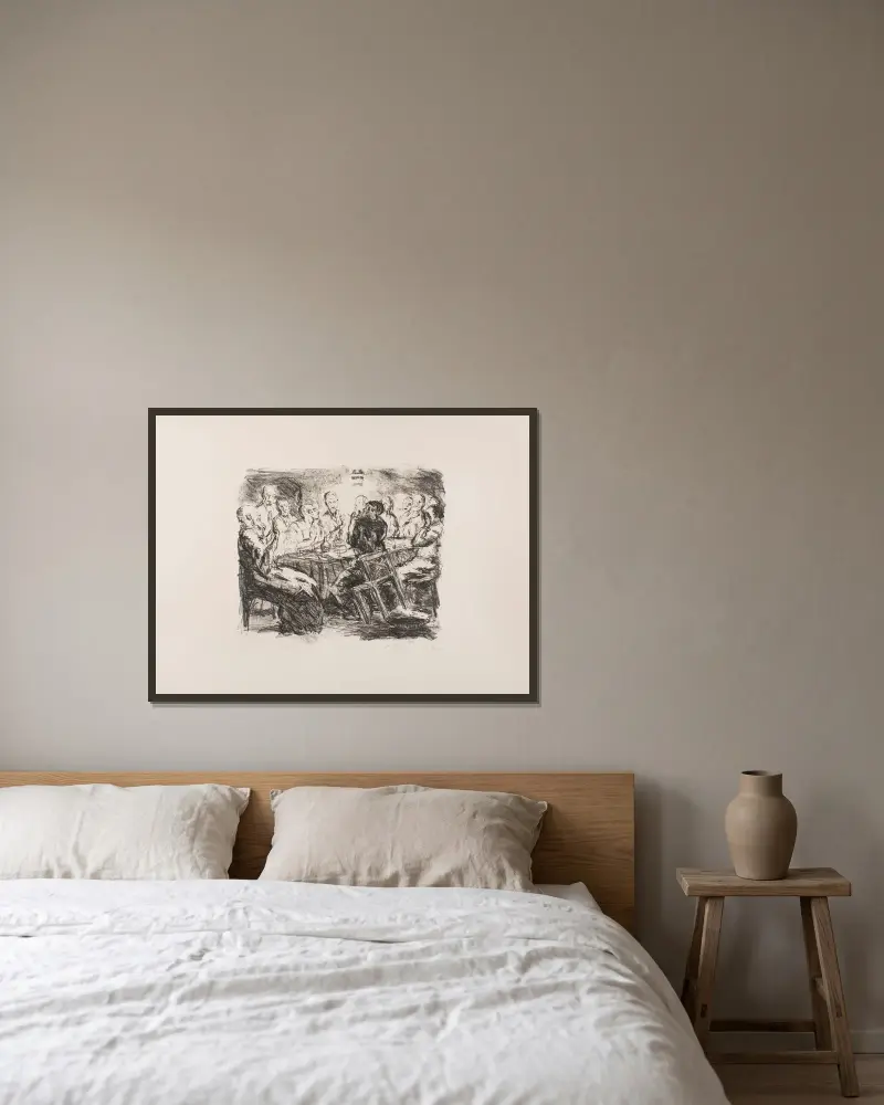 Das Abendmahl, Blatt 5 aus der Mappe „Sechs Lithographien zum Neuen Testament“ von Max Beckmann gerahmt an einer Wand
