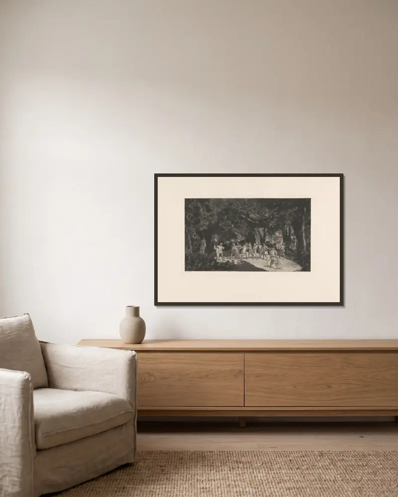 Simplicius unter den Soldaten von Max Klinger gerahmt an einer Wand