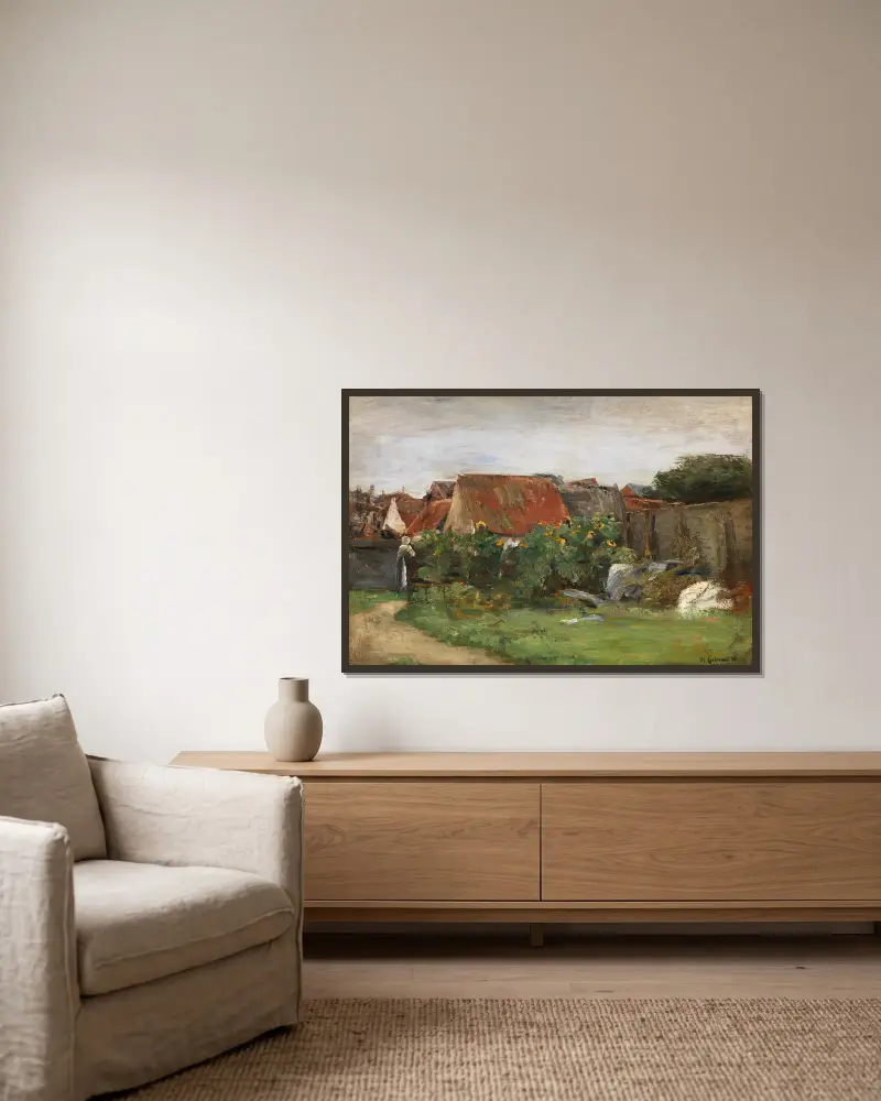 Dorfhäuser mit Sonnenblumen av Max Liebermann inramad på en vägg
