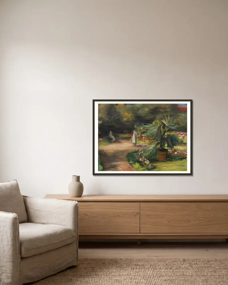 Garten mit Palme und zwei weiblichen Figuren von Max Liebermann gerahmt an einer Wand