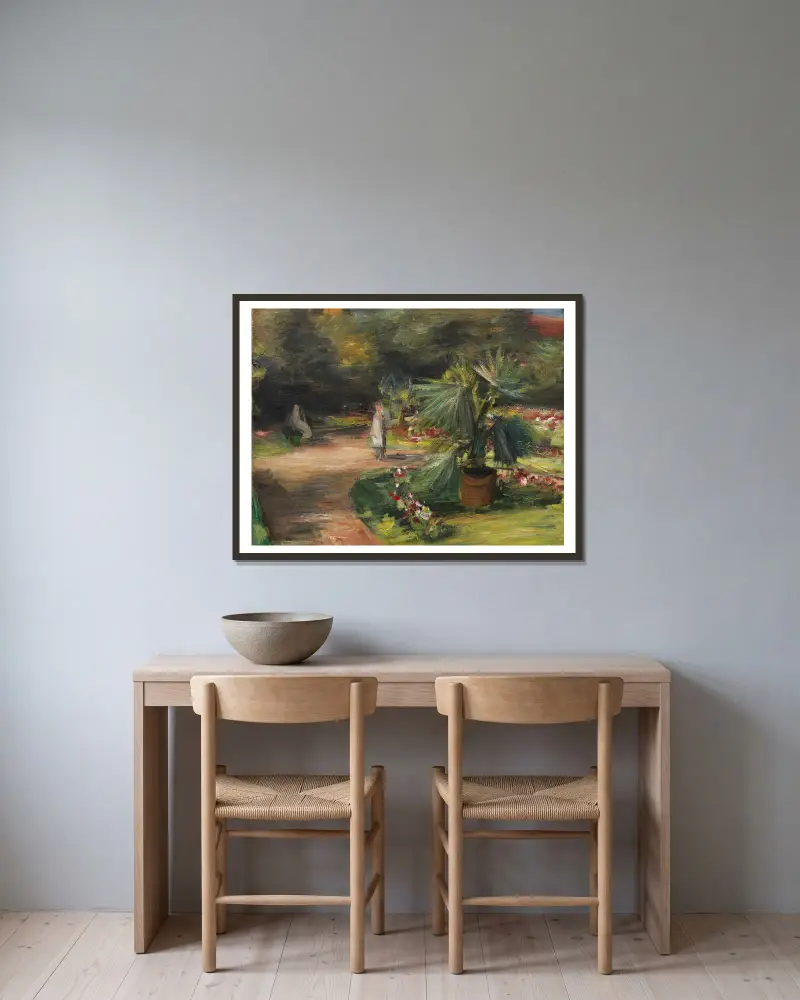 Garten mit Palme und zwei weiblichen Figuren von Max Liebermann gerahmt an einer Wand