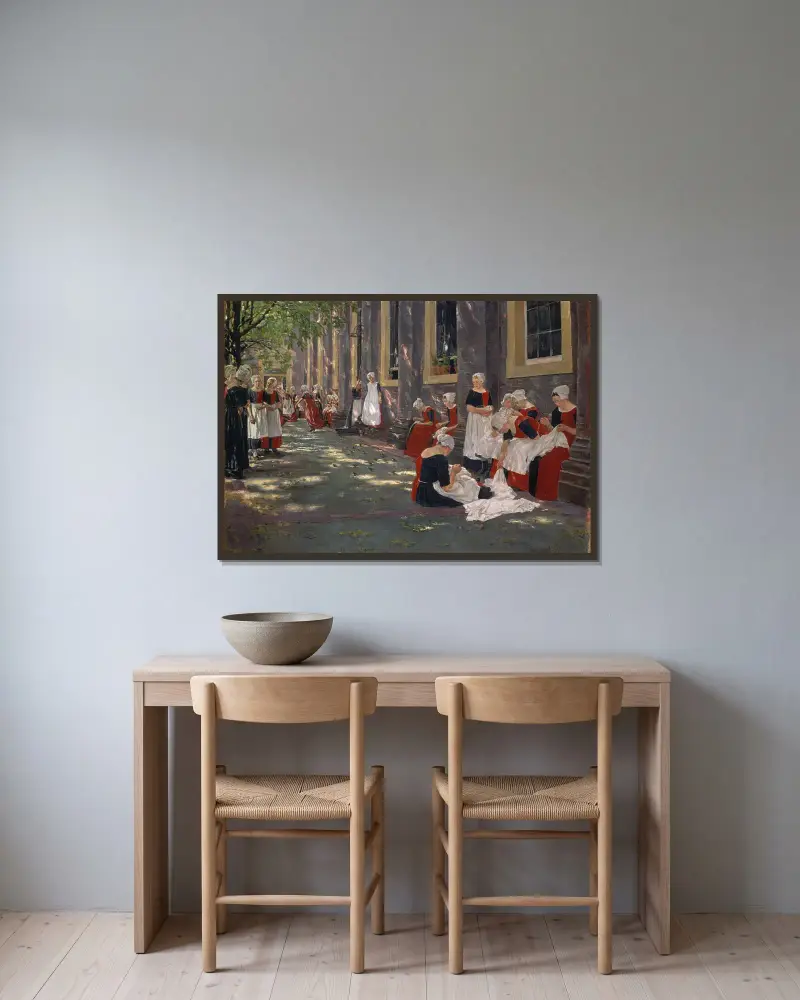 The Courtyard of the Orphanage in Amsterdam av Max Liebermann inramad på en vägg