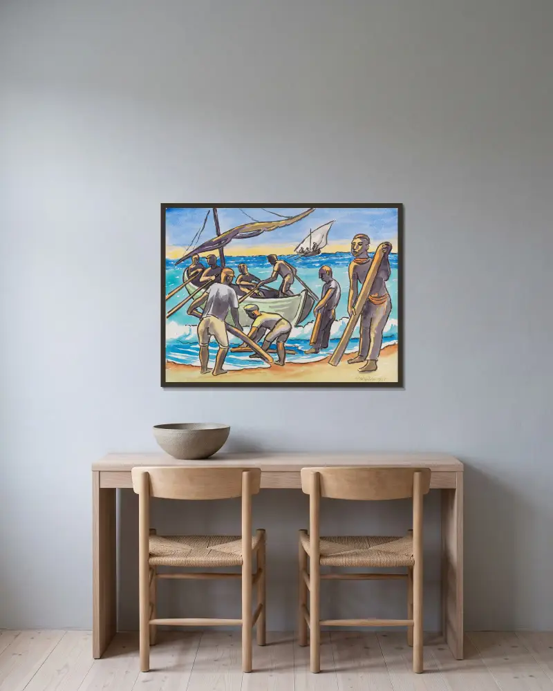 Ausfahrt zum Fischfang av Hermann Max Pechstein inramad på en vägg