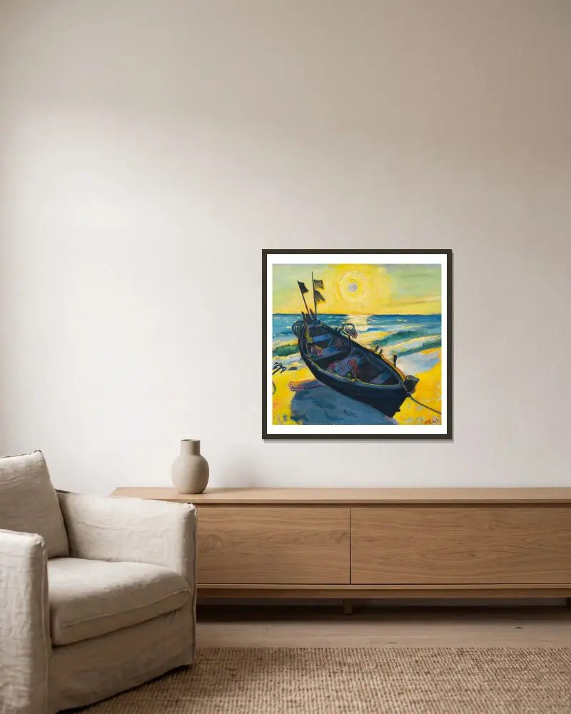 Boot bei Sonnenaufgang von Hermann Max Pechstein gerahmt an einer Wand
