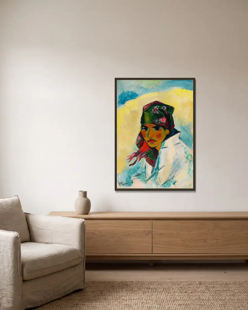 Lotte with Headscarf av Hermann Max Pechstein inramad på en vägg