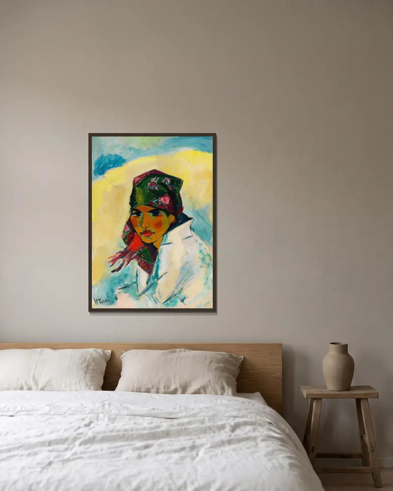Lotte with Headscarf av Hermann Max Pechstein inramad på en vägg
